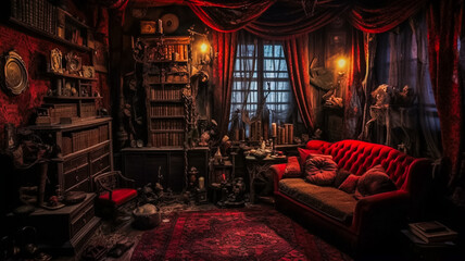 Fototapeta na wymiar Intérieur d'un château ancien - Salon des vampires - Maison hantée avec fantômes - Générative IA