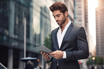Fototapeta premium Young businessman standing on big city street outside using digital tablet device 