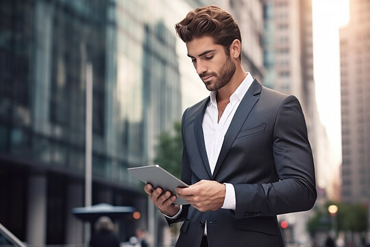 Young businessman standing on big city street outside using digital tablet device 