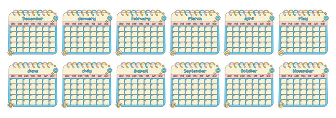 Kawaii monthly calendars template set. 