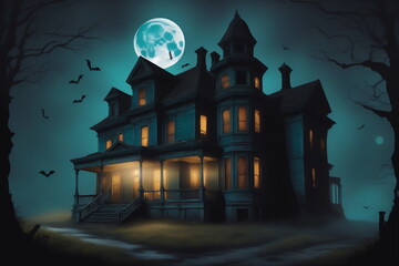 Fototapeta premium Halloween. Gruselhaus mit Vollmond und Fledermäusen.