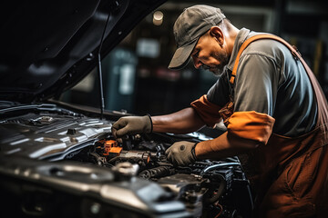 Fototapeta na wymiar Car mechanic's hands working on electric battery repair and maintenance 