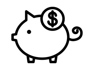 Vector piggy bank with coin business icon. Line icon of money box. Finance concept. Sign saving or accumulation of money. Editable stroke. Investment outline sign. piggy Bank saving money black icon.