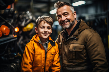 Fototapeta premium Elderly mechanic sharing wisdom with young apprentice in an auto repair workshop 