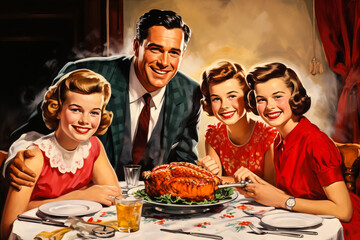 Vintage drawing of a 1950s family gathered around the dinner table for Thanksgiving  - obrazy, fototapety, plakaty