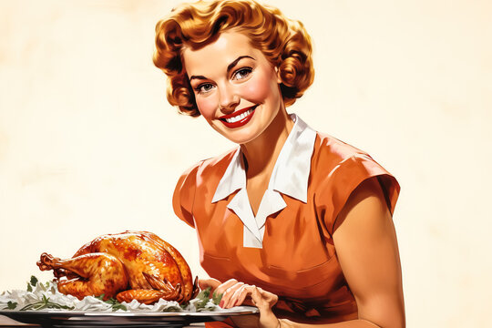 Retro illustration of a proud smiling 1950s housewife preparing a turkey for Easter or Thanksgiving 