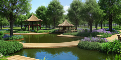 Photorealistic 3d illustration beautiful green park environment assortment scenic spots