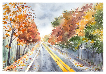 Watercolor autumn road sketch. Watercolor road with orange trees on the sides.