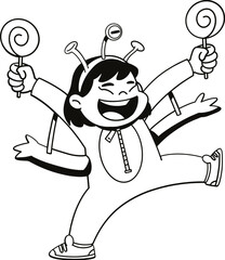 Cute girl wearing halloween alien costume holding lollipops, coloring page outline illustration
