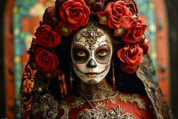 Femme déguisée avec le visage maquillé en tête de mort - Halloween - Générative IA - obrazy, fototapety, plakaty