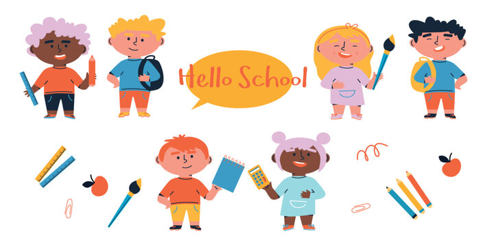 Education. Back to school. School supplies icons. Flat cartoon vector illustration. Icon School supplies	
