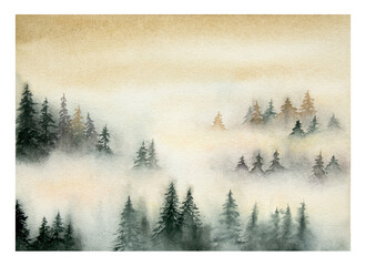 Hand drawn watercolor misty woods landscape. Foggy forest.