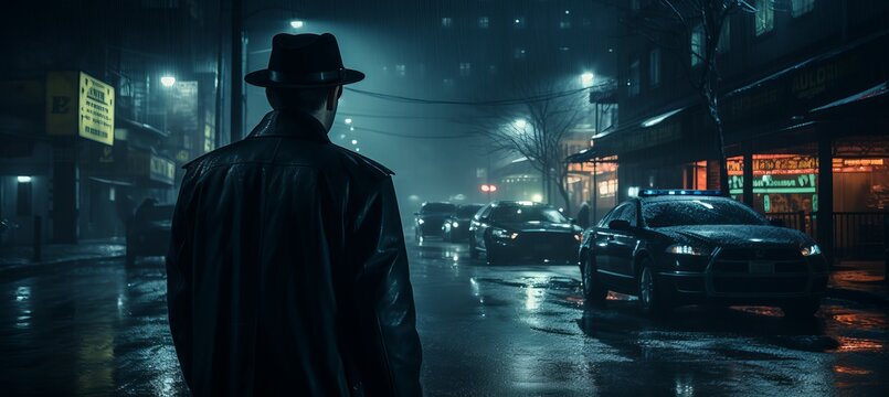 Detective finding suspect at street. Generative AI technology.