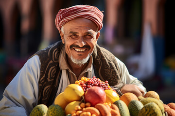 Fototapeta premium An Moroccan middle age in red turban merchant man selling fruits under sun shine on sunny day