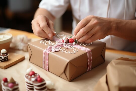 Crafted elegance: Close-up displays confectioner's hands artfully dressing cardboard box with finesse. Generative AI