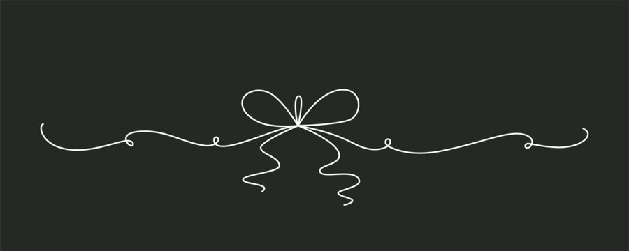 Tied ribbon bow hand drawing one line. Vector stock illustration isolated on black background for design template Christmas, Birthday greeting card, invitation or presentation. Editable stroke.