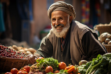 An elderly man wearing old clothes and turban smiling while selling fresh vegetables and fruits in an outdoor local market  