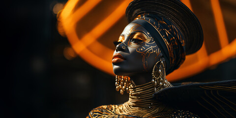 black woman with traditional african headdress - obrazy, fototapety, plakaty
