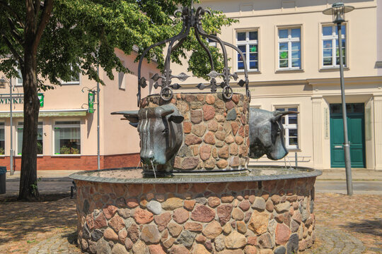 Close up of Bullwinkel Fountain in historical old town of Spremberg, Germany, June 18 2023