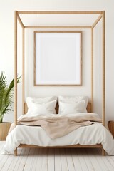 Fototapeta na wymiar Home mockup, bedroom interior background with rattan furniture and poster frames, coastal style. generative AI