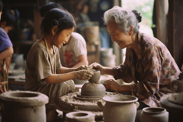 A senior Asian woman happily teaching a young child making clay jar in a home workshop 