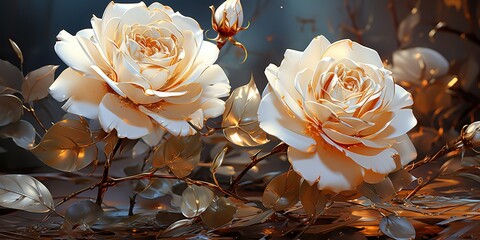 AI Generated. AI Generative. White roses golden ink pain draw canvas decoration background. Love romantic valentine vibe