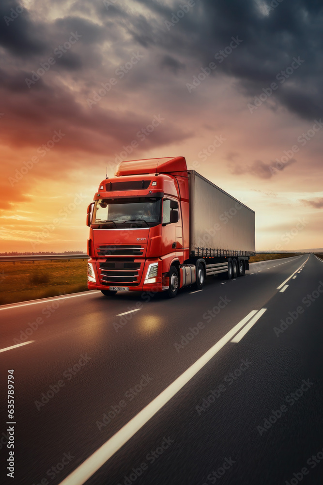 Wall mural loaded european truck on motorway in red, orange sunset light. on the road transportation and cargo.