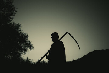 grim reaper, the death itself, scary horror shot of Grim Reaper holding scythe