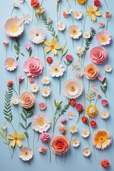 variety of flowers on a blue background. daisies and spring buds. texture, wallpaper. flat lay, overhead view