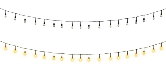  Isolated Christmas lights with sparkling yellow lights on a transparent background. Ideal for Xmas, New Year, wedding, or birthday decorations, perfect for party event decor. PNG.