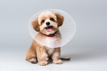 Obraz premium dog in a neck brace. treatment and recovery of a pet after surgery. fluffy puppy happy and healthy