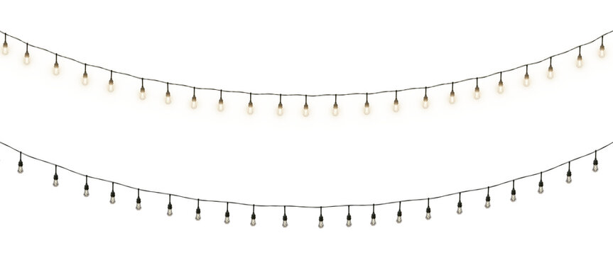 Isolated Christmas garland on a transparent background. Shining yellow light bulbs with sparkles. Suitable for Xmas, New Year, wedding, or birthday decorations. Perfect for party event decor. PNG