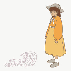 Crying kid dropping Halloween candy basket on floor. Little girl in tears after trick or treating sweets and candies fell down on the ground. Hand drawn flat cartoon character vector illustration.