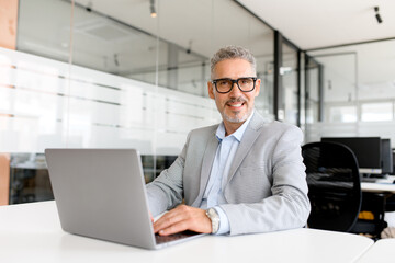 Smiling self-confident mature businessman ceo boss in formal wear using laptop in the office. Grey-haired man looking at the camera, male office employee profile
