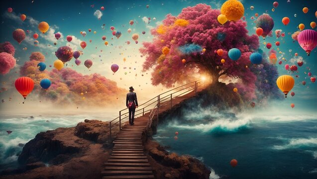 A man ascending a stairway towards a whimsical tree adorned with colorful balloons