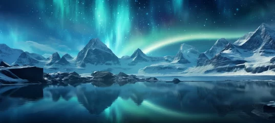 Poster Nordlichter Winter mountain and aurora background. Generative AI technology.