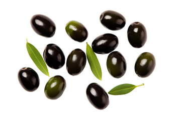 Black olives with leave isolated on white background (PNG)