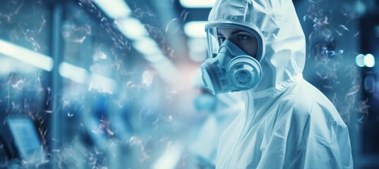 Scientist wearing full protective mask working on research at blurred laboratory background. Generative AI technology.