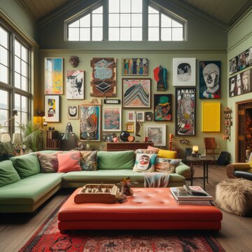 Maximalist and eclectic interior of a large living room with a corner sofa and paintings on the walls. Light yellow and lavender tones.