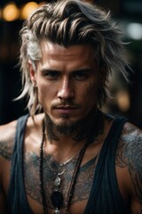 A tattooed man with long hair