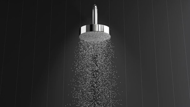 A stream of water runs from the shower on dark background 3D 4K animation. Front view. No people.