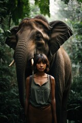 A woman standing next to an elephant in a forest