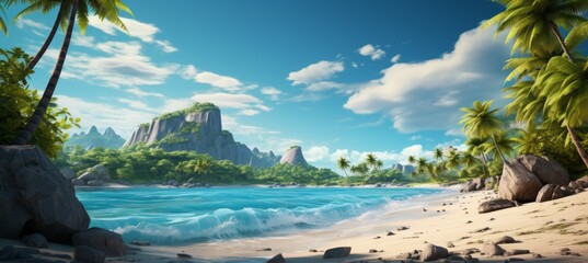 Obraz premium Tropical island summer landscape background. Vacation holidays wallpaper. Generative AI technology.