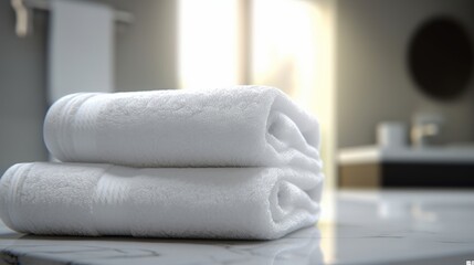 Fototapeta na wymiar White two soft towels on white tabletop in bathroom