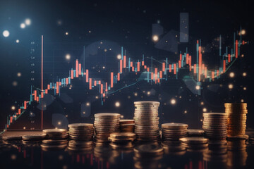 Double exposure with business charts of graph and rows of coins for finance at night background, Generative AI
