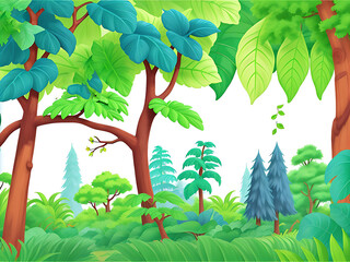 Forest jungle wallpaper with trees and colorful foliage, with copy space for text. Vector jungle for kids.