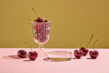 Background for the presentation of cosmetic products with ingredient from cherry. A transparent...