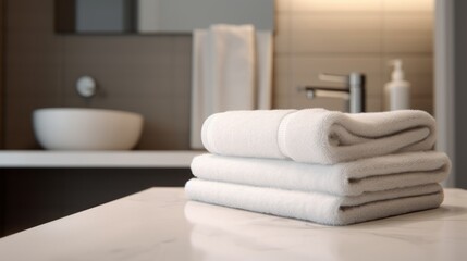 White clean stack of three towels on white table in bathroom