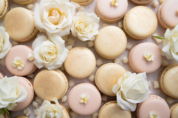delicious wedding or bridal shower macarons pattern flat lay in ivory colors