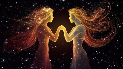 Magical atmosphere, Fairyale silhouette, Space, Female figures, Starry, Golden, Fantasy. FOREVER TOGHETER. 3D illuminated golden female figures. Long wavy hair. Holding hands, looking at each other - obrazy, fototapety, plakaty